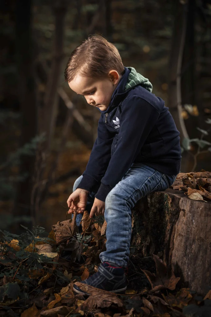 Junge spielt bei einem Kinderfoto auf einem Baumstumpf mit Herbstlaub.